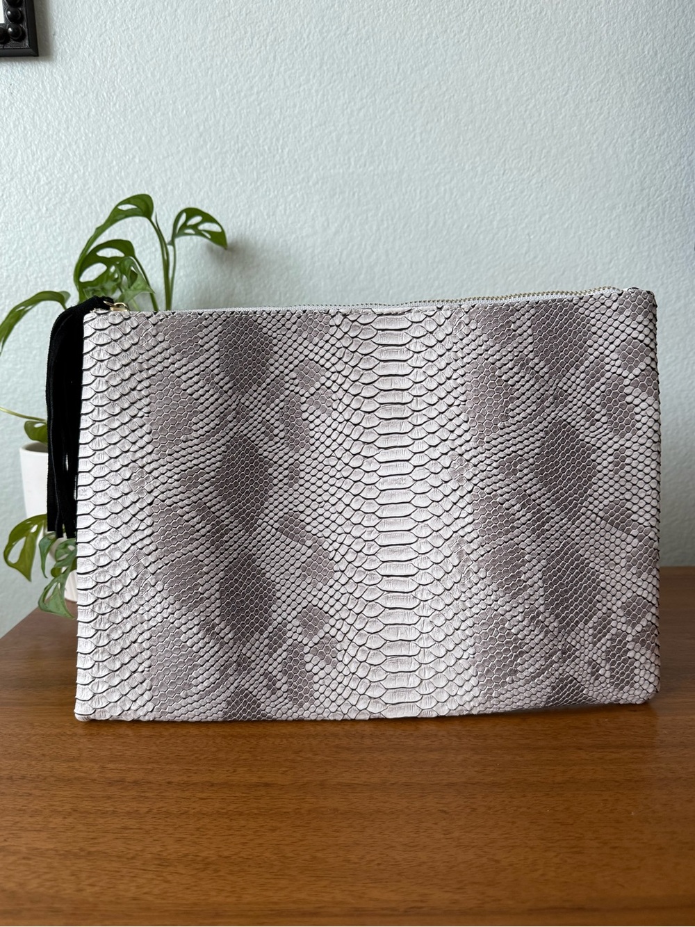 3AM Forever Chic Faux Snakeskin Large Clutch Gray White Black Suede Tassel